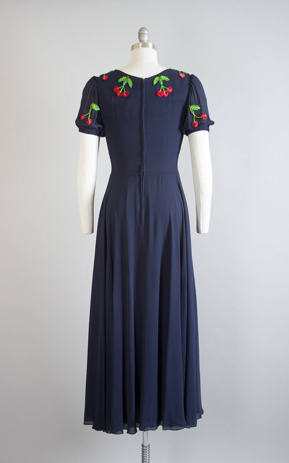 Vintage 1970s Dress | 70s VALENTINO Embroidered Cherries Rayon Chiffon Navy Blue Party Dress Circle Skirt Maxi Evening Gown (medium)