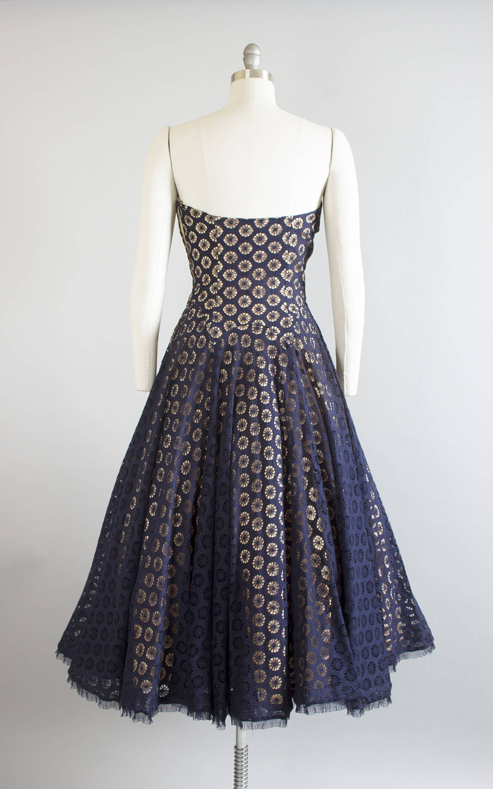 Vintage 1950s Dress | 50s Spiderweb Lace Party Dress Nude Illusion Navy Blue Strapless Drop Waist Circle Skirt Evening Gown (medium)