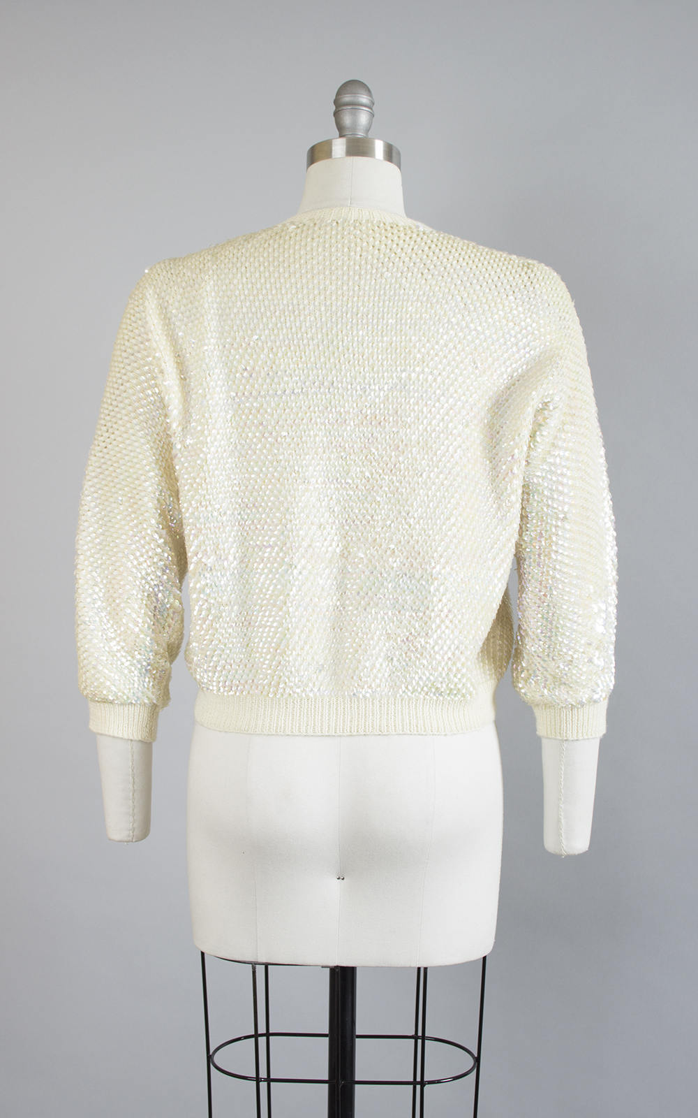 Vintage 1950s 1960s Cardigan | 50s 60s Fully Sequined Knit Wool Cream Cropped Sparkly Sequin Sweater Top (medium/large)