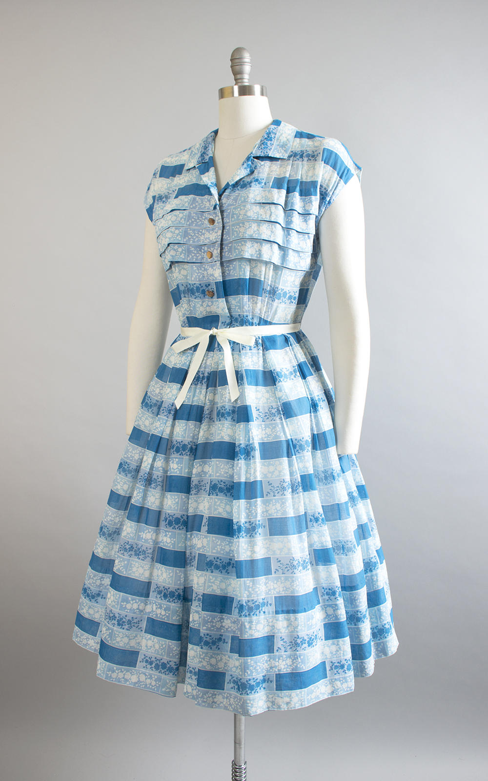 Vintage 1950s Shirt Dress | 50s R&K ORIGINALS Floral Striped Print Blue Cotton Voile Sheer Pintuck Full Skirt Day Dress (medium)