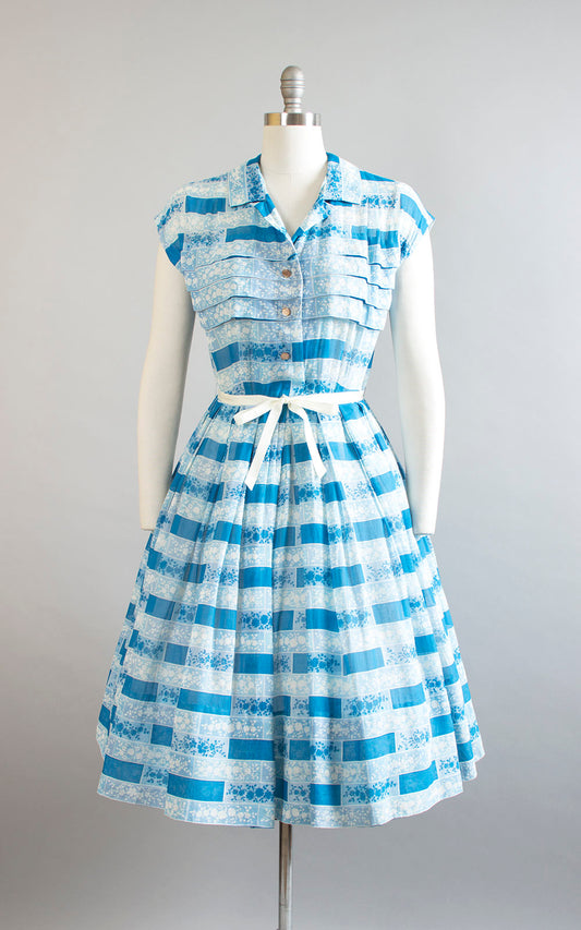 Vintage 1950s Shirt Dress | 50s R&K ORIGINALS Floral Striped Print Blue Cotton Voile Sheer Pintuck Full Skirt Day Dress (medium)