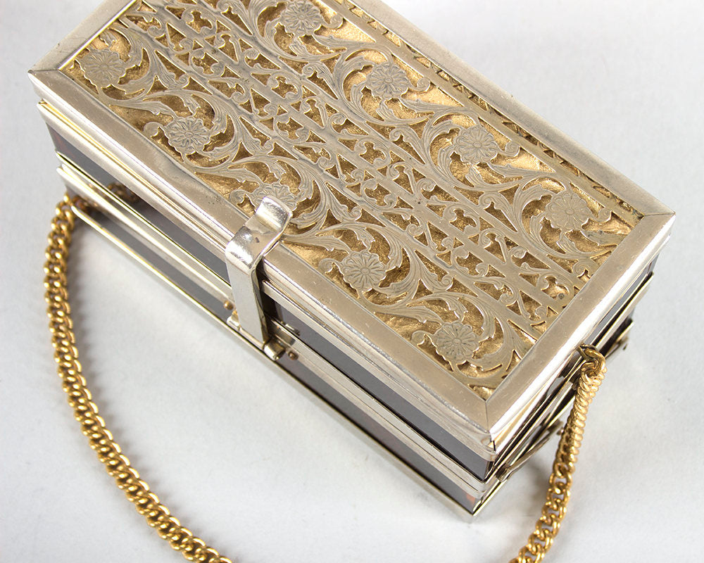 RARE Vintage 1950s Box Purse | 50s TYROLEAN 2-Tray Lucite Metal Gold Tone Floral Filigree Tiger Striped Handbag