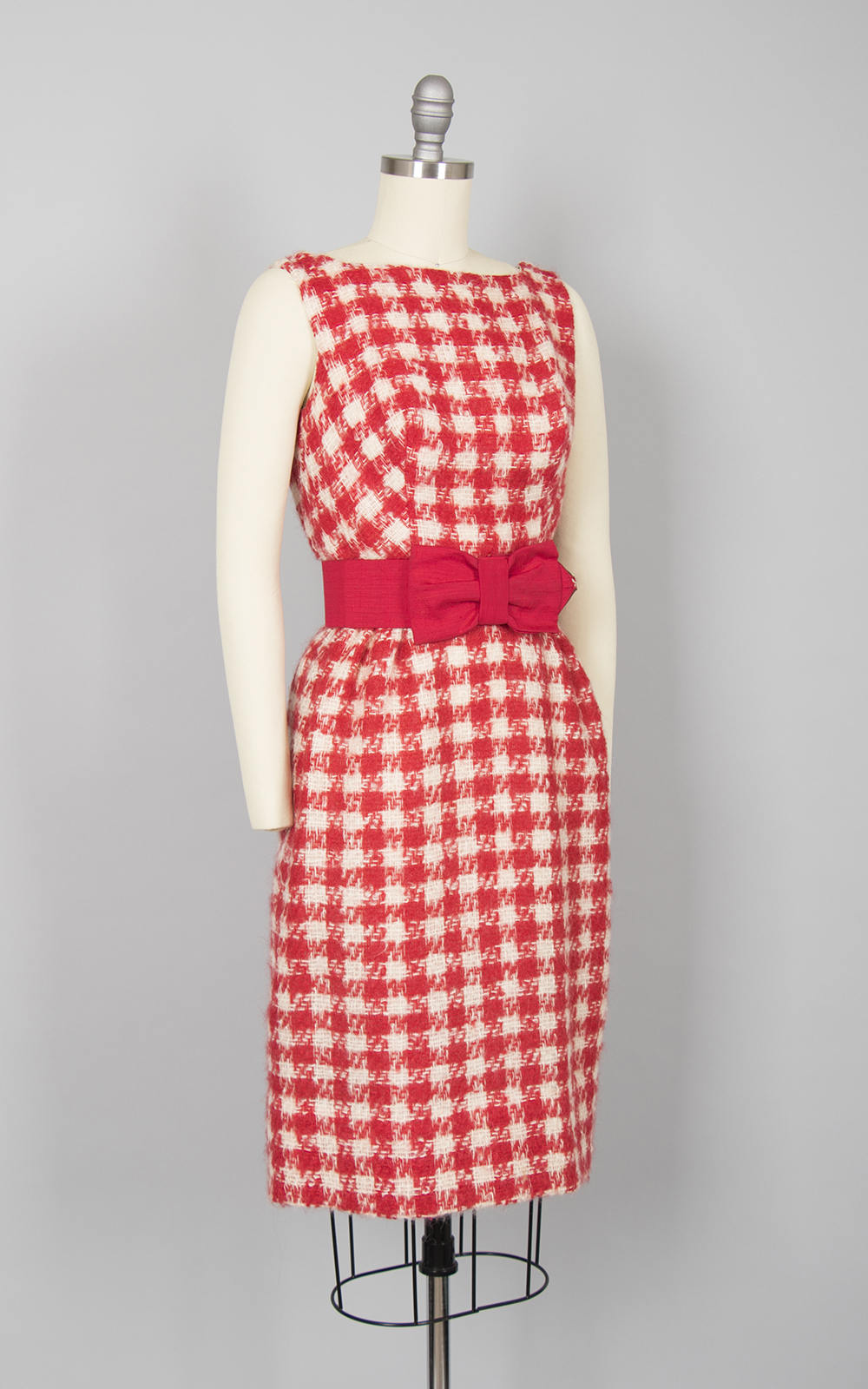 Vintage 1960s Dress | 60s Mohair Checkered Houndstooth Red Open Back Wiggle Bombshell Cocktail Holiday Party Dress w/ Bow Belt (small)