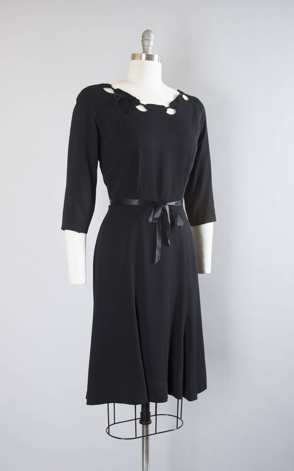 Vintage 1940s Dress | 40s Black Rayon Laced Cutout Neckline Swing Skirt Evening Cocktail Dress (medium)