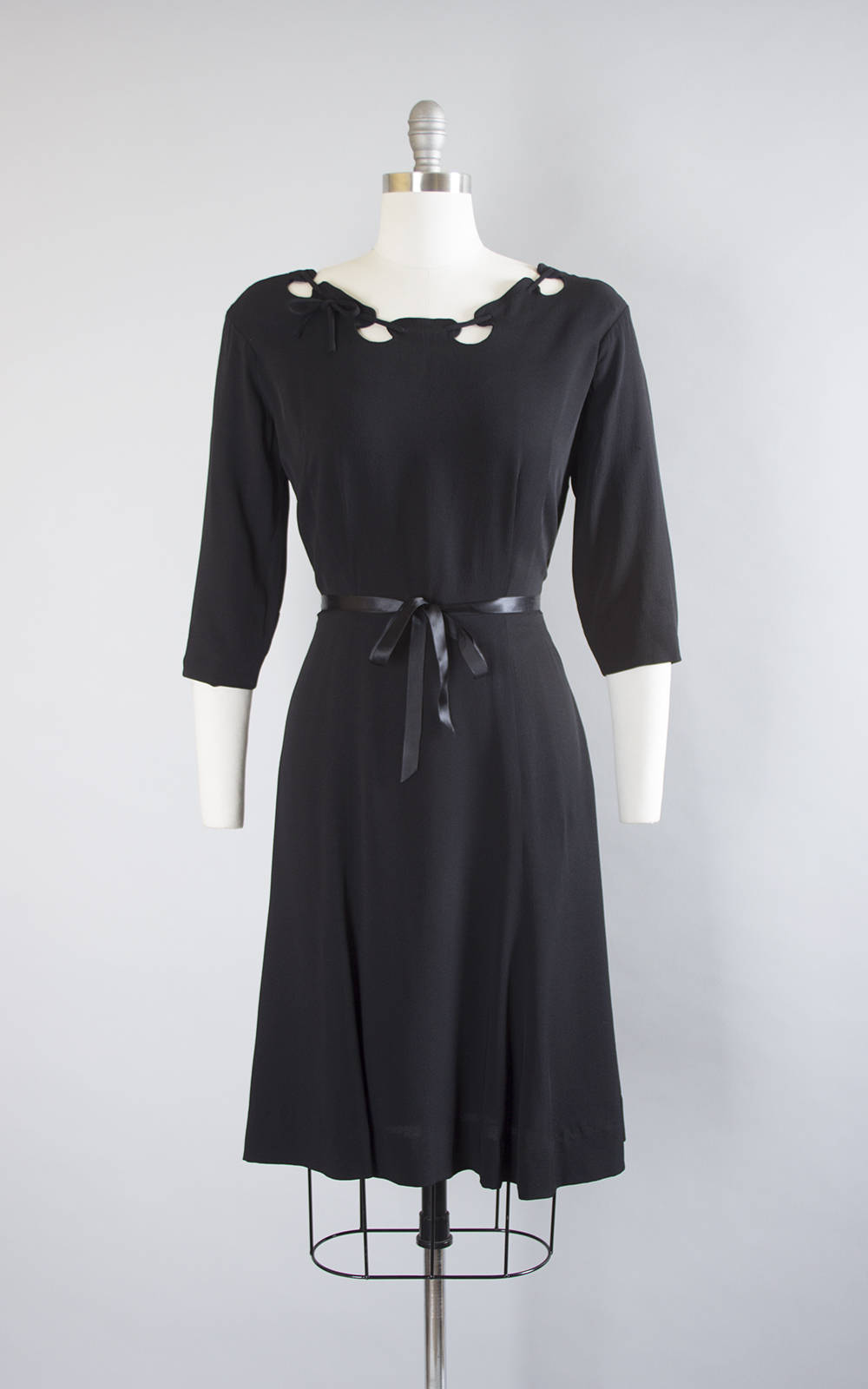 Vintage 1940s Dress | 40s Black Rayon Laced Cutout Neckline Swing Skirt Evening Cocktail Dress (medium)