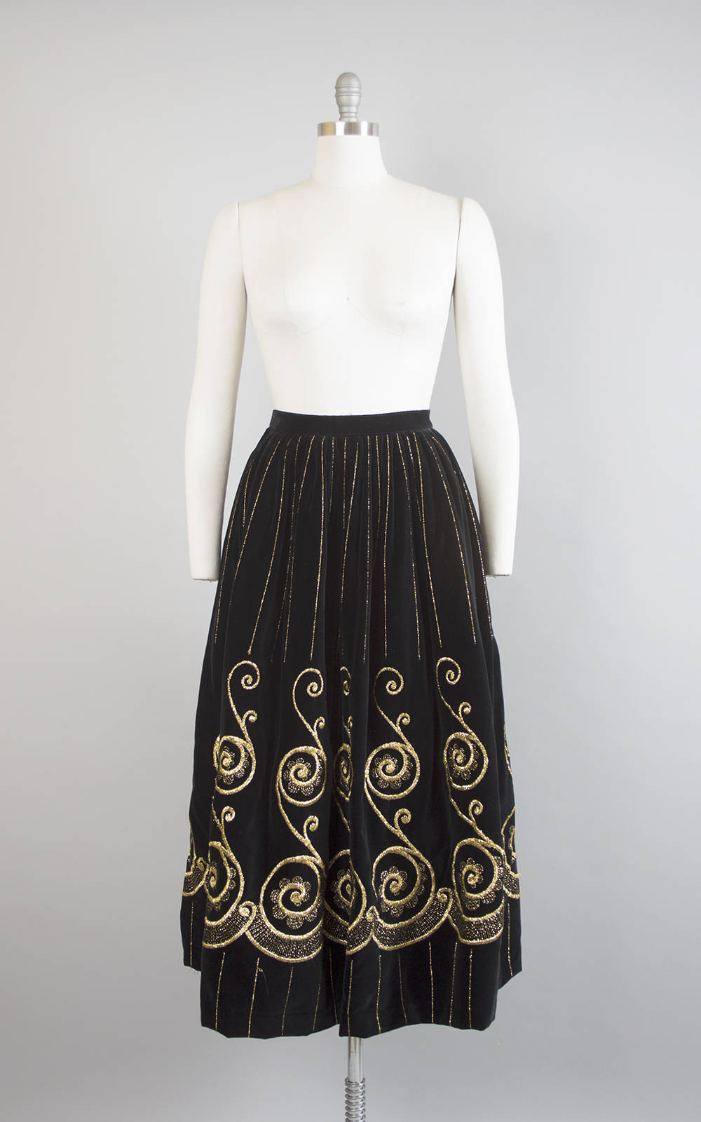 Vintage 1970s Skirt | 70s ADOLFO Black Velvet Metallic Gold Embroidered Striped Border Print Holiday Party Skirt (small)