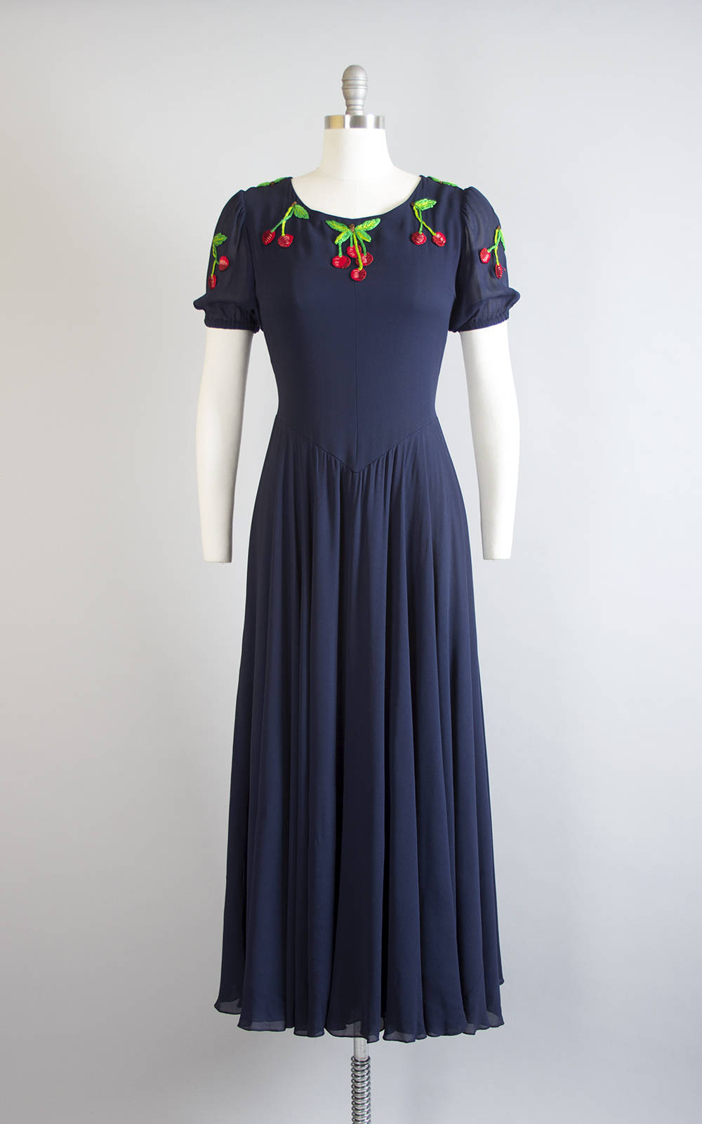 Vintage 1970s Dress | 70s VALENTINO Embroidered Cherries Rayon Chiffon Navy Blue Party Dress Circle Skirt Maxi Evening Gown (medium)