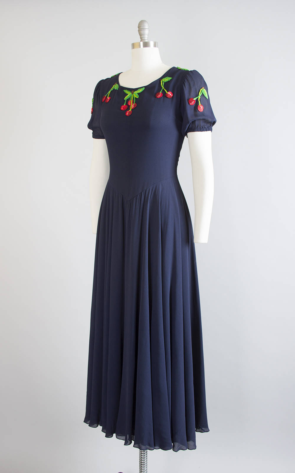 Vintage 1970s Dress | 70s VALENTINO Embroidered Cherries Rayon Chiffon Navy Blue Party Dress Circle Skirt Maxi Evening Gown (medium)