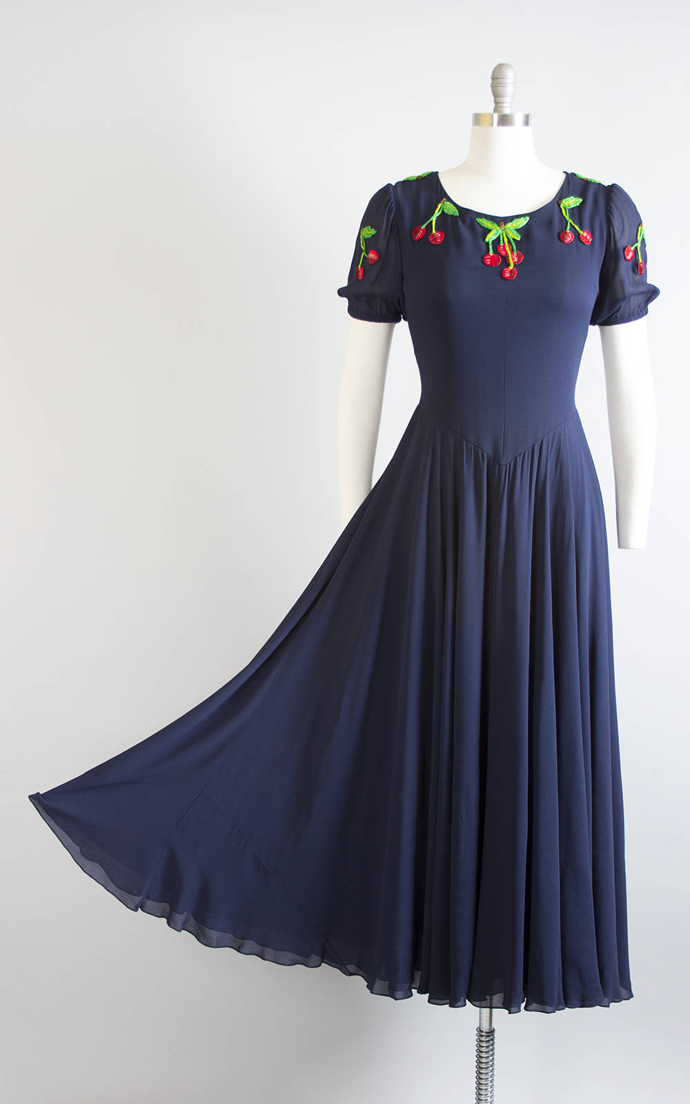 Vintage 1970s Dress | 70s VALENTINO Embroidered Cherries Rayon Chiffon Navy Blue Party Dress Circle Skirt Maxi Evening Gown (medium)