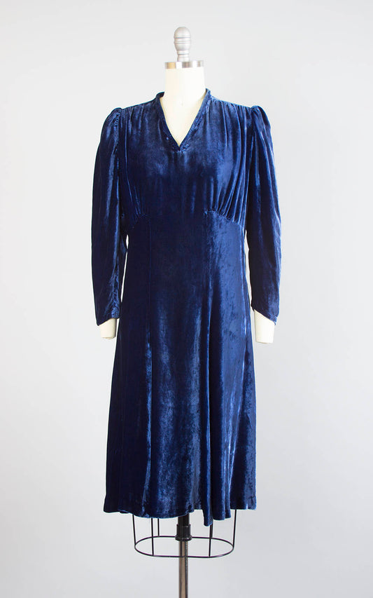 Vintage 1930s 1940s Dress | 30s 40s Dark Blue Silk Velvet Bias Cut Long Sleeve Cocktail Party Evening Dress (small)