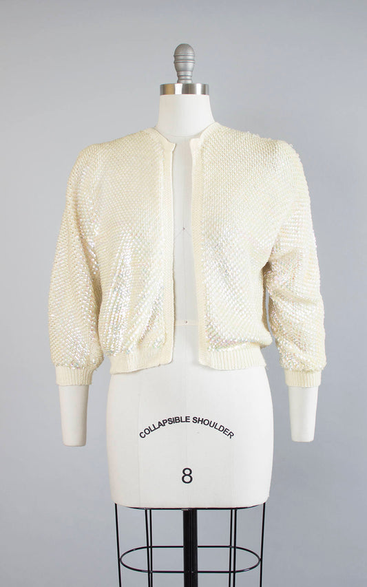 Vintage 1950s 1960s Cardigan | 50s 60s Fully Sequined Knit Wool Cream Cropped Sparkly Sequin Sweater Top (medium/large)