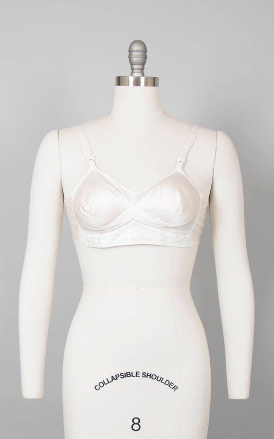 Vintage 1940s 1950s Bullet Bra | 40s 50s Cream Rayon Satin Off White Pointed Pin Up Bra (30B 32B xs)