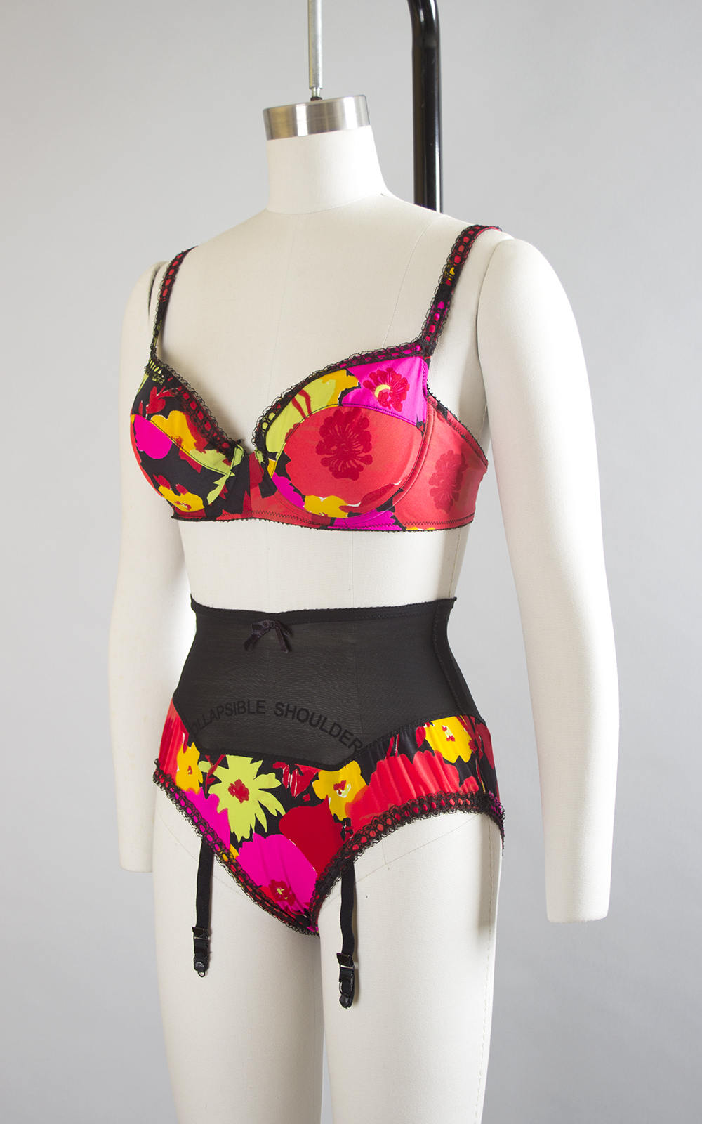 Vintage 1960s Lingerie Set | 60s Floral Print Bra Garters High Waist Panties Matching Set (36C small)