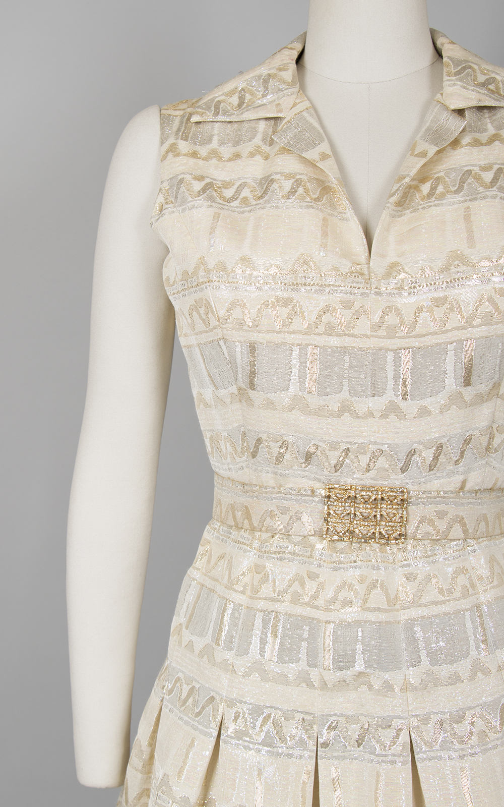 Vintage 1970s Dress | 70s MALCOLM STARR Metallic Brocade Gold Silver Iridescent Striped Full Skirt Party Dress w/ Rhinestone Belt (medium)