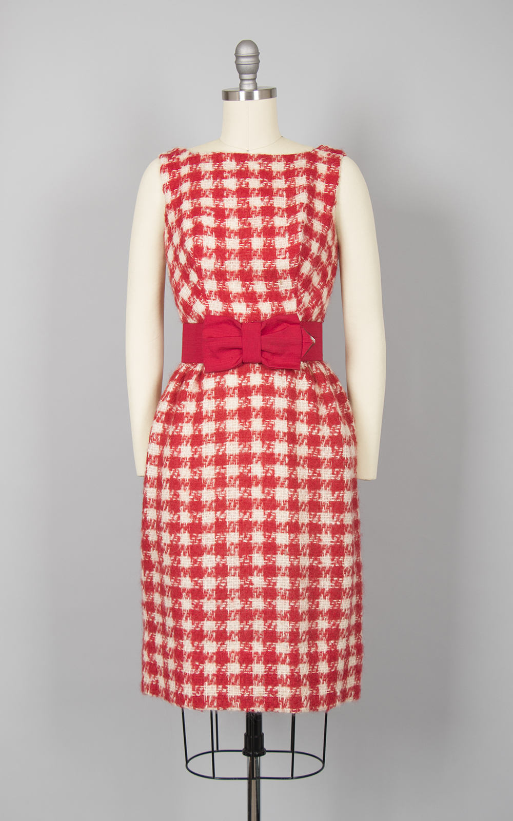 Vintage 1960s Dress | 60s Mohair Checkered Houndstooth Red Open Back Wiggle Bombshell Cocktail Holiday Party Dress w/ Bow Belt (small)