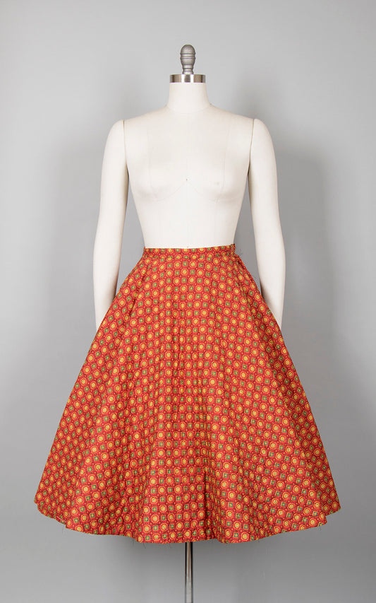 Vintage 1950s Circle Skirt | 50s Quilted Cotton Geometric Red Mustard Yellow Printed Winter Swing Skirt (x-small)