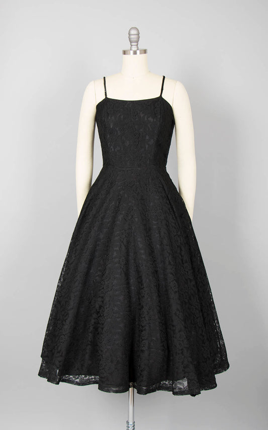 Vintage 1950s Dress | 50s Black Lace Party Dress Sequin Spaghetti Strap Full Skirt Fit and Flare (xs/small)