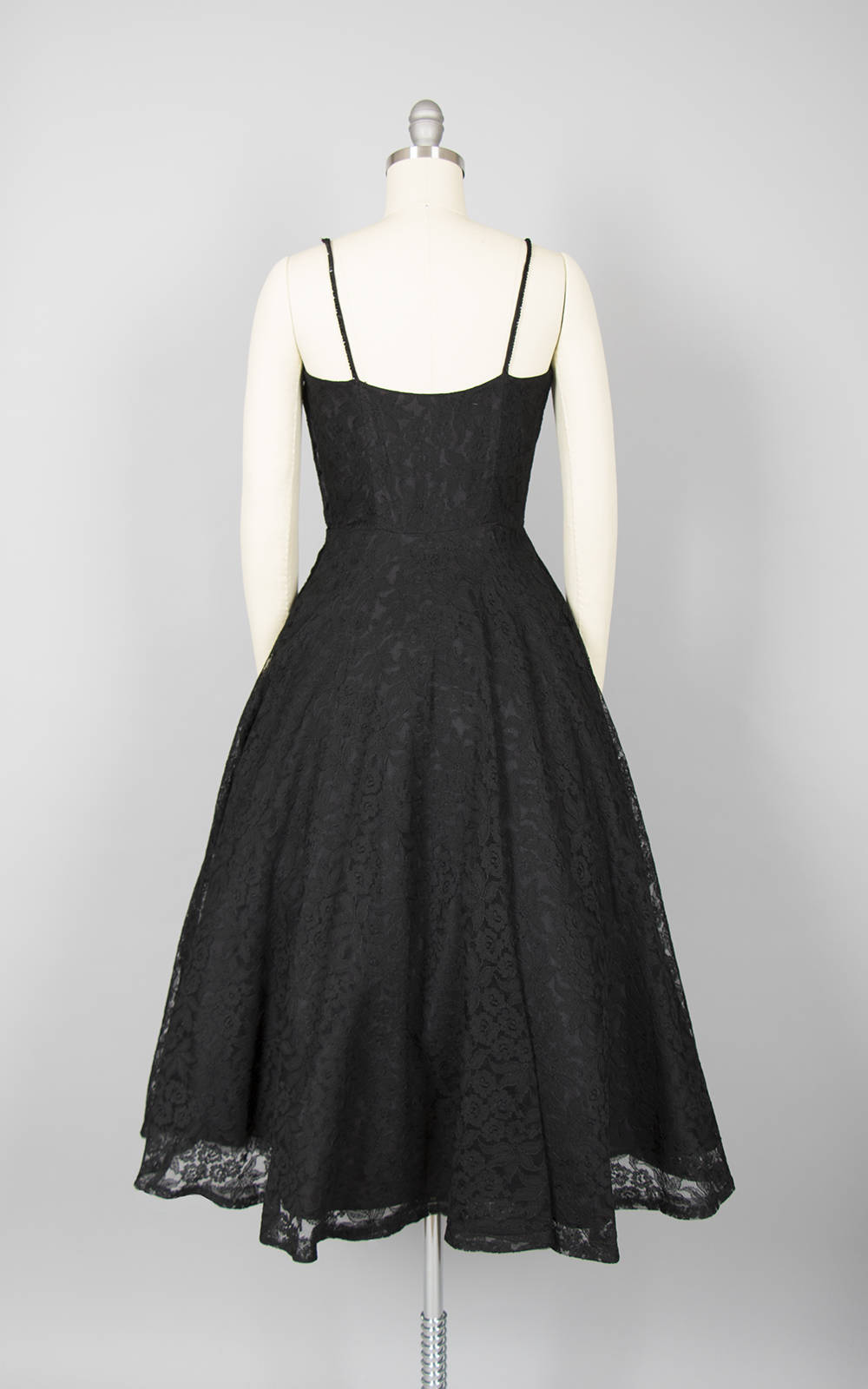 Vintage 1950s Dress | 50s Black Lace Party Dress Sequin Spaghetti Strap Full Skirt Fit and Flare (xs/small)