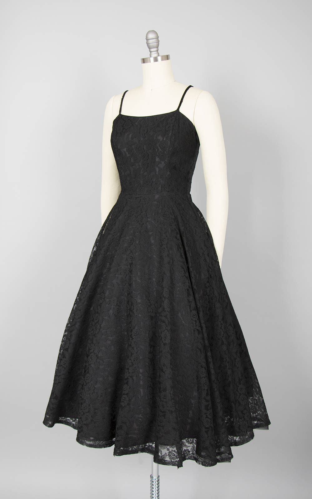 1950s Black Lace Spaghetti Strap Party Dress | x-small/small Birthday Life Vintage 1950s Black Lace Spaghetti Strap Party Dress | x-small/small Birthday Life Vintage