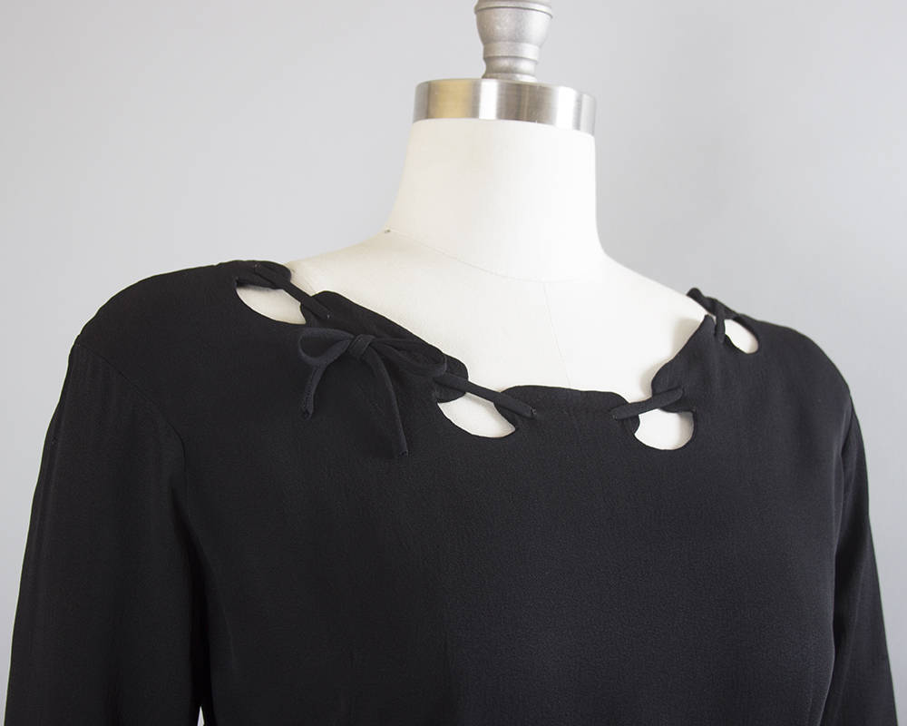 Vintage 1940s Dress | 40s Black Rayon Laced Cutout Neckline Swing Skirt Evening Cocktail Dress (medium)