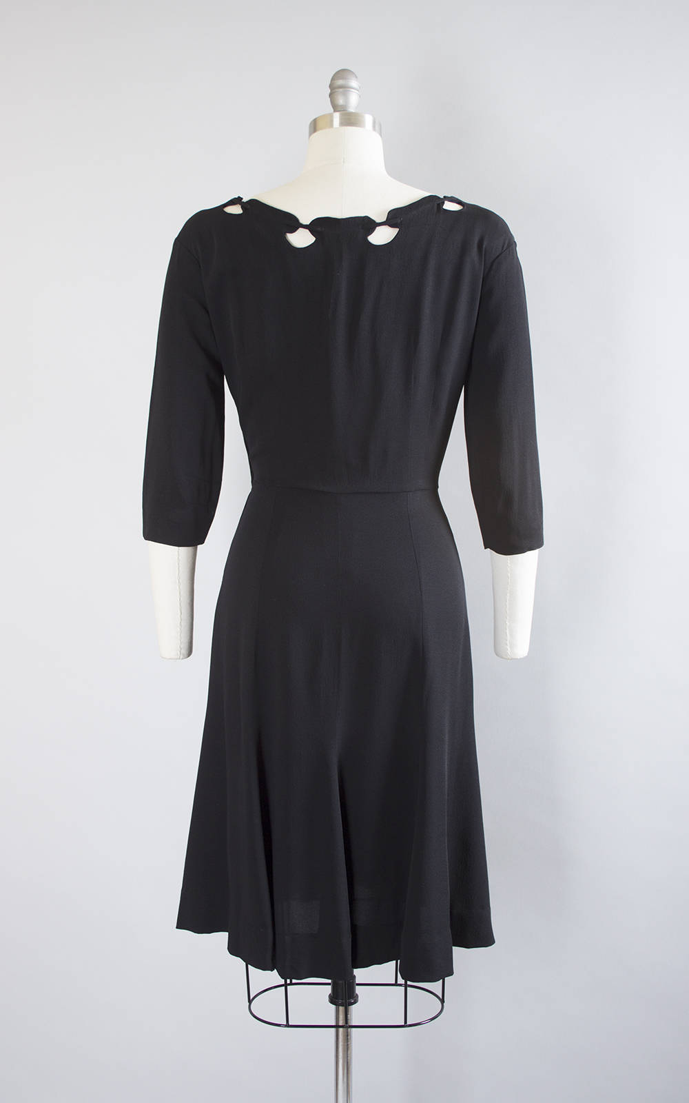 Vintage 1940s Dress | 40s Black Rayon Laced Cutout Neckline Swing Skirt Evening Cocktail Dress (medium)
