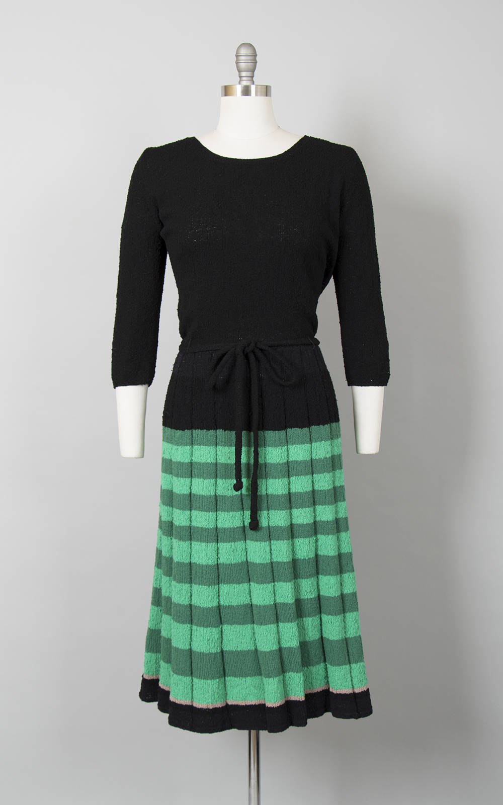 Vintage 1950s Dress | 50s Knit Bouclé Wool Dress Green Black Striped Sweater Dress with Belt (x-large)
