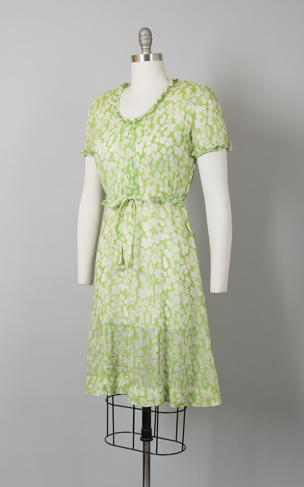 Vintage 1940s Dress | 40s Sheer Organza Foral Printed Green Shirtwaist Day Dress (medium)
