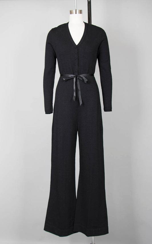 Vintage 1970s Jumpsuit | 70s Knit Black Wool Long Sleeve Button Up Wide Leg Jumpsuit (medium)