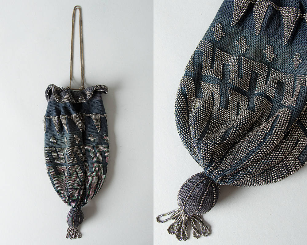 Antique Victorian Handbag | 1900s 1910s 1920s Micro Beaded Reticule French Cut Steel Silver Crochet Fringe Drawstring Pouch Flapper Purse