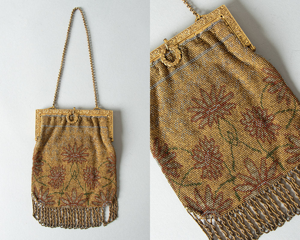 Antique Victorian Handbag | 1900s 1910s 1920s Micro Beaded Floral French Cut Steel Gold Metal Frame w/ Fringe and Mirror Flapper Purse