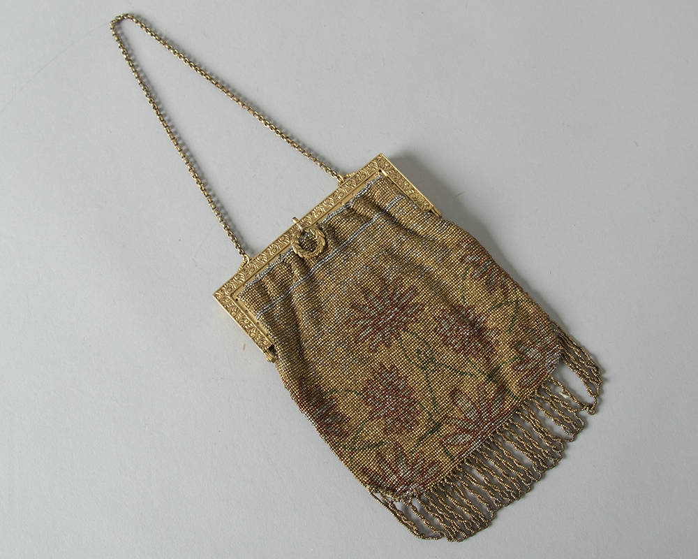 Antique Victorian Handbag | 1900s 1910s 1920s Micro Beaded Floral French Cut Steel Gold Metal Frame w/ Fringe and Mirror Flapper Purse