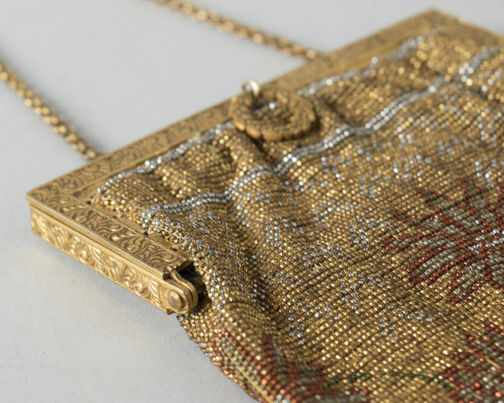 Antique Victorian Handbag | 1900s 1910s 1920s Micro Beaded Floral French Cut Steel Gold Metal Frame w/ Fringe and Mirror Flapper Purse