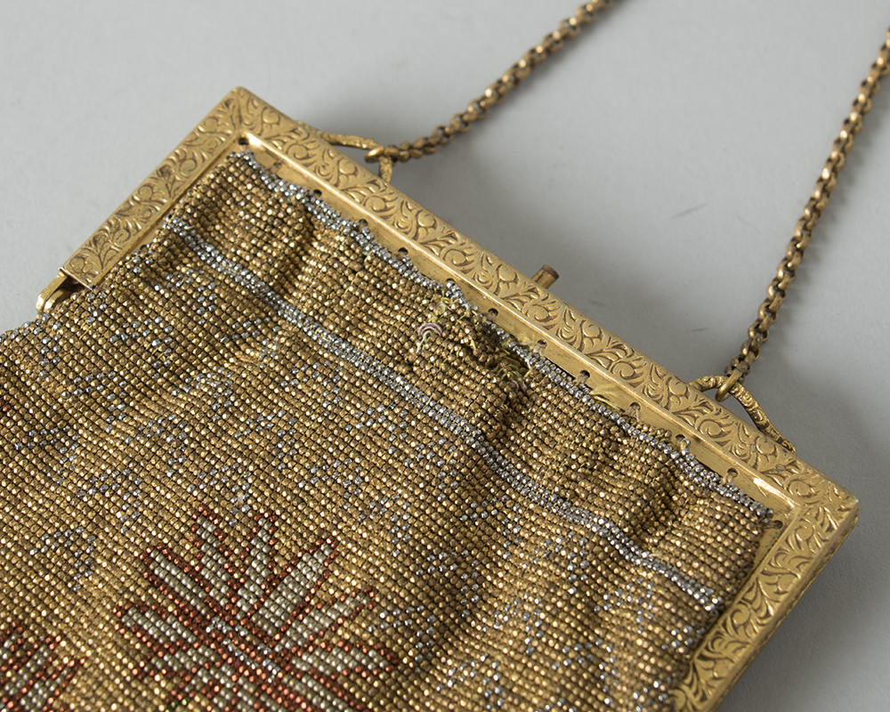 Antique Victorian Handbag | 1900s 1910s 1920s Micro Beaded Floral French Cut Steel Gold Metal Frame w/ Fringe and Mirror Flapper Purse