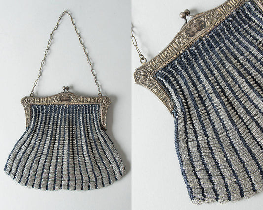 Vintage 1920s Handbag | 20s Micro Beaded Silver Frame Glass Beads Crochet Art Deco Flapper Purse