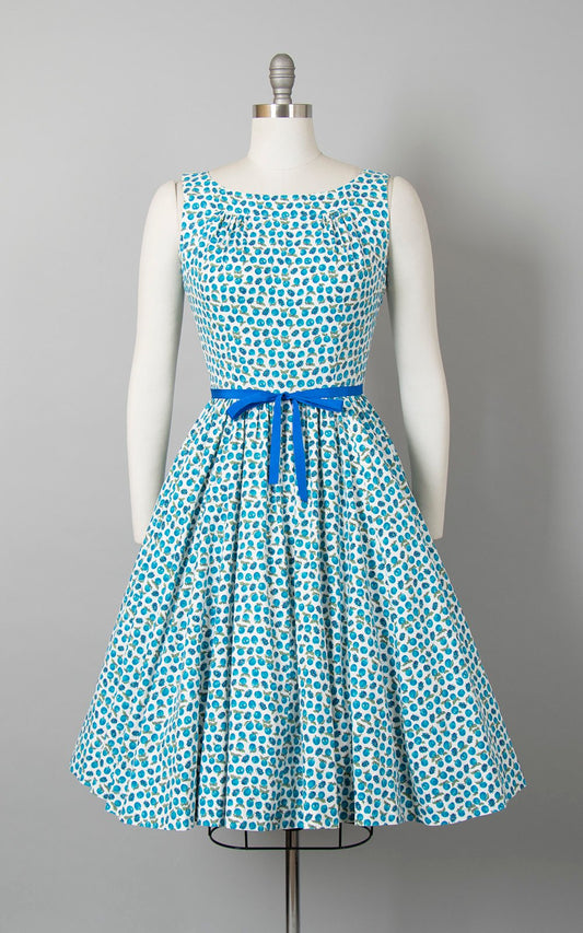 Vintage 1950s Dress | 50s Novelty Print Sundress Cotton Ladybug Apple Blue Full Skirt Day Dress (small)