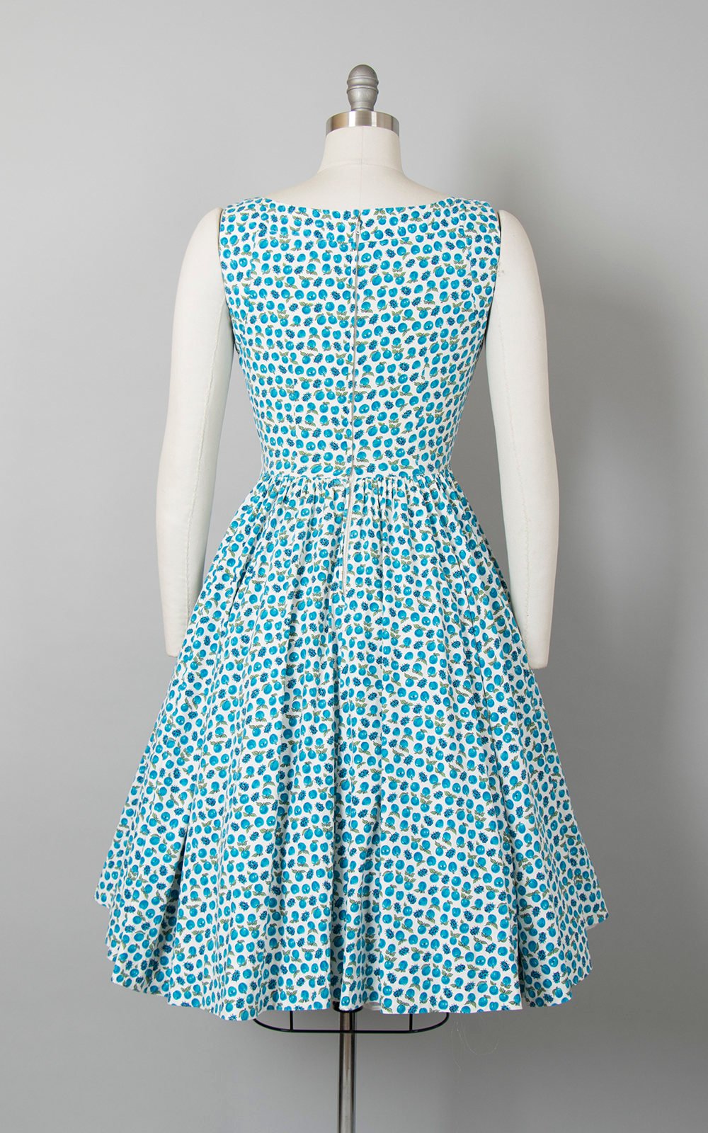 Vintage 1950s Dress | 50s Novelty Print Sundress Cotton Ladybug Apple Blue Full Skirt Day Dress (small)