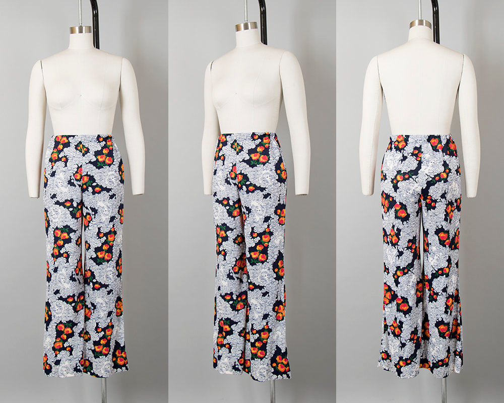 Vintage 1960s 1970s Pant Suit | 60s 70s Lady Novelty Print Butterfly Angel Sleeve Wide Leg Pants Boho Outfit (xs/small)