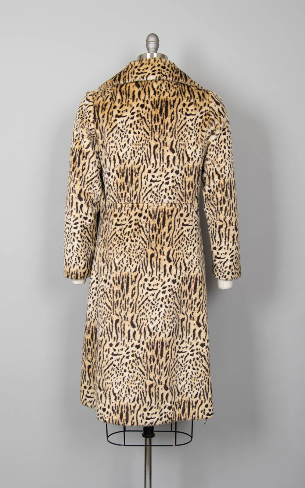 Vintage 1960s Coat | 60s Leopard Print Faux Fur Animal Print Long Winter Peacoat Jacket (medium)