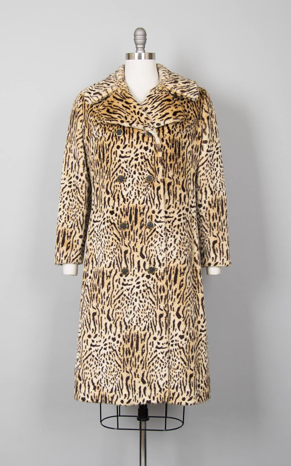 Vintage 1960s Coat | 60s Leopard Print Faux Fur Animal Print Long Winter Peacoat Jacket (medium)