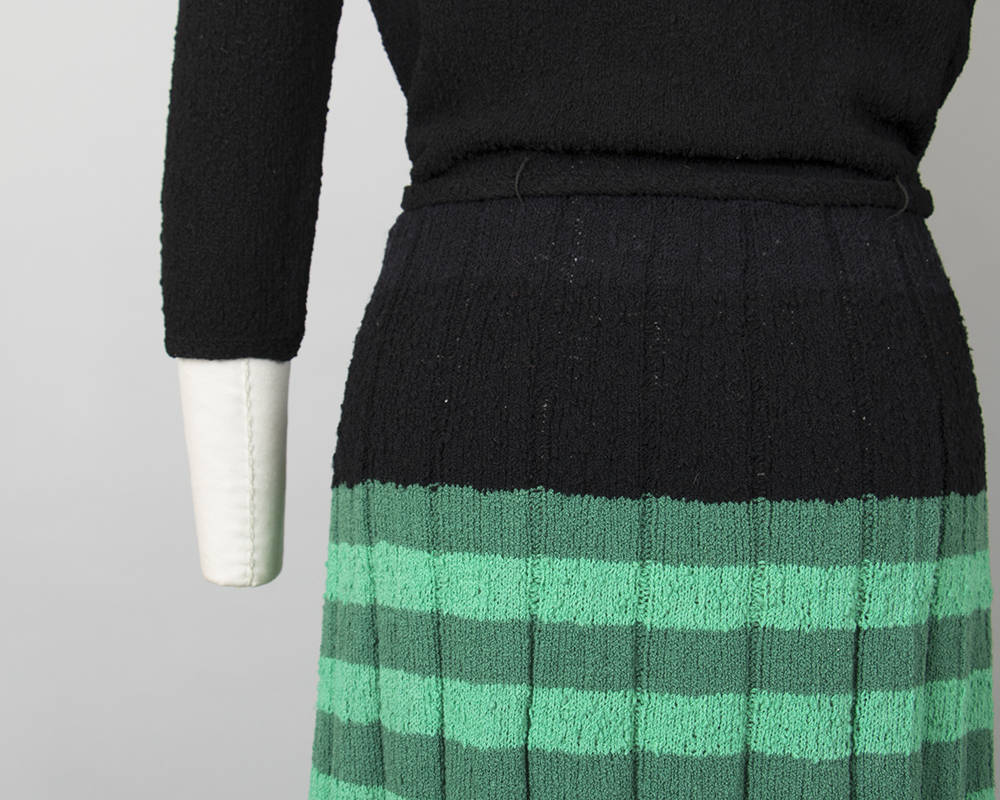 Vintage 1950s Dress | 50s Knit Bouclé Wool Dress Green Black Striped Sweater Dress with Belt (x-large)