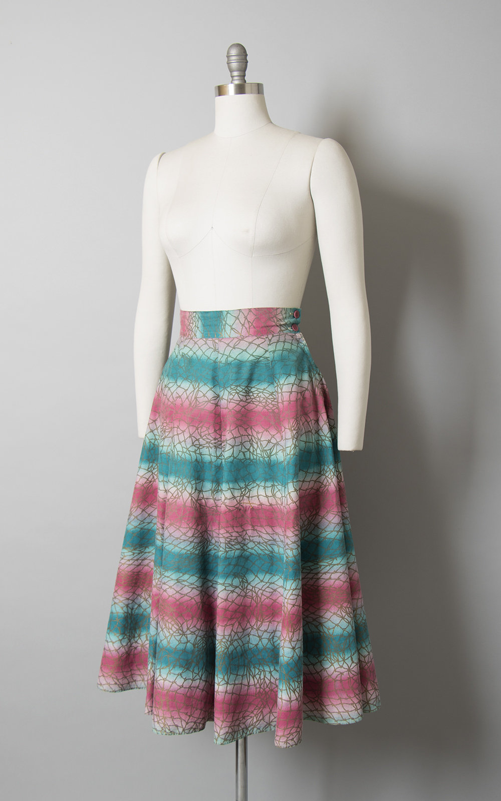 Vintage 1940s 1950s Skirt | 40s 50s Ombré Striped Cotton Pink Teal Metallic Gold Printed Full Swing Skirt (small)
