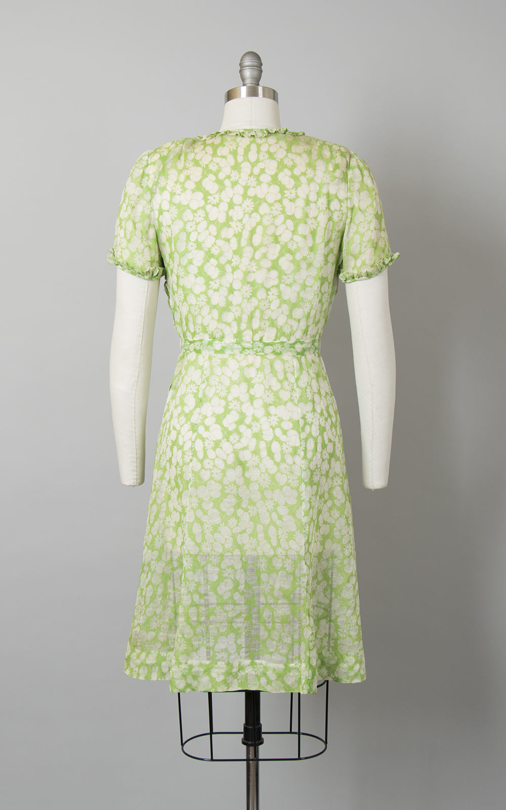 Vintage 1940s Dress | 40s Sheer Organza Foral Printed Green Shirtwaist Day Dress (medium)