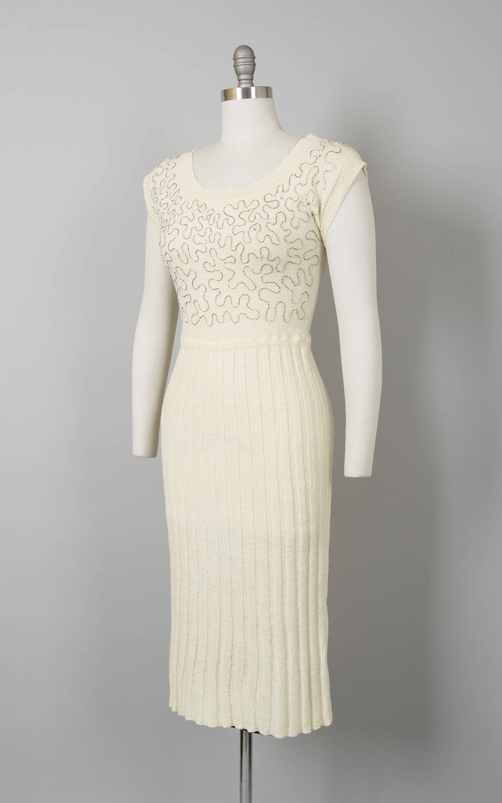 Vintage 1950s Dress | 50s Knit Wiggle Dress Soutache Beaded Rhinestone Cream Sweater Dress (small/medium)