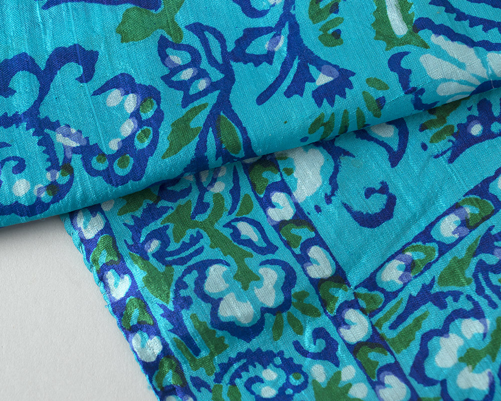 Vintage 1970s Scarf | 70s Indian Silk Floral Print Teal Blue Long Turban Scarf