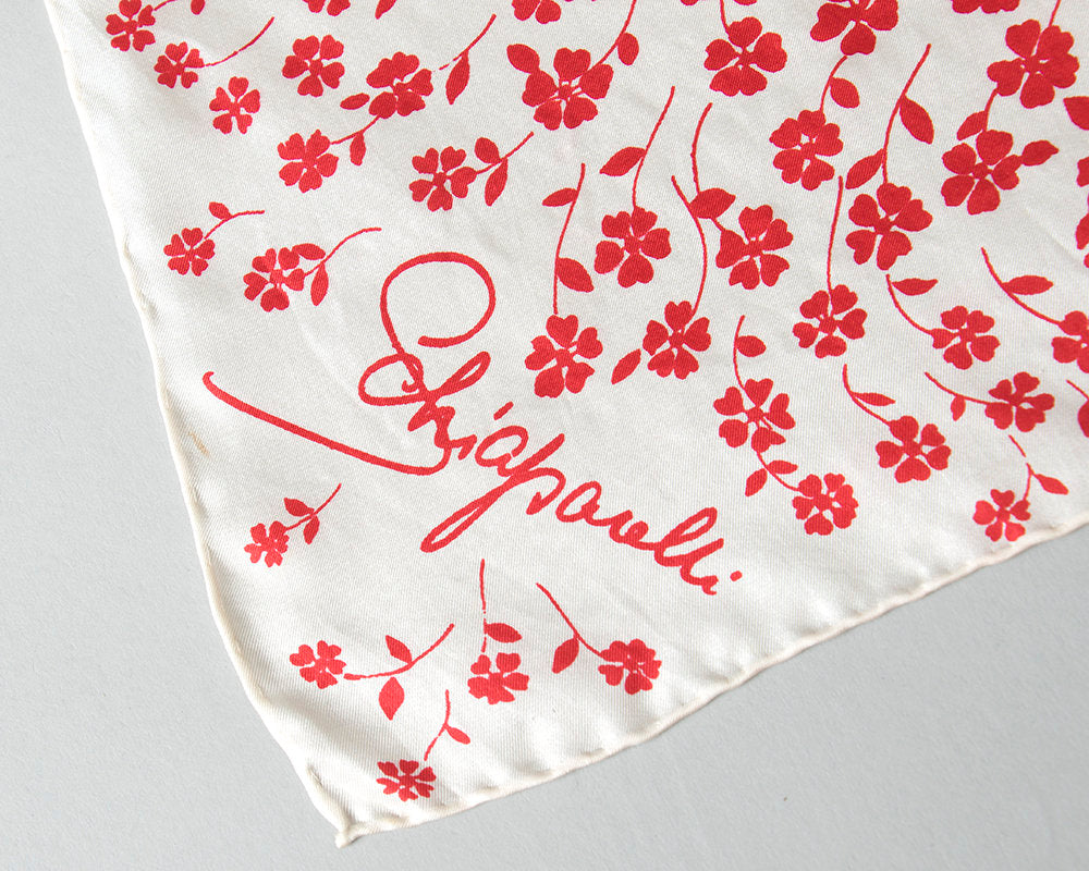 Vintage 1960s Scarf | 60s SCHIAPARELLI Floral Print Silk White Red Large Square Scarf Designer Signed