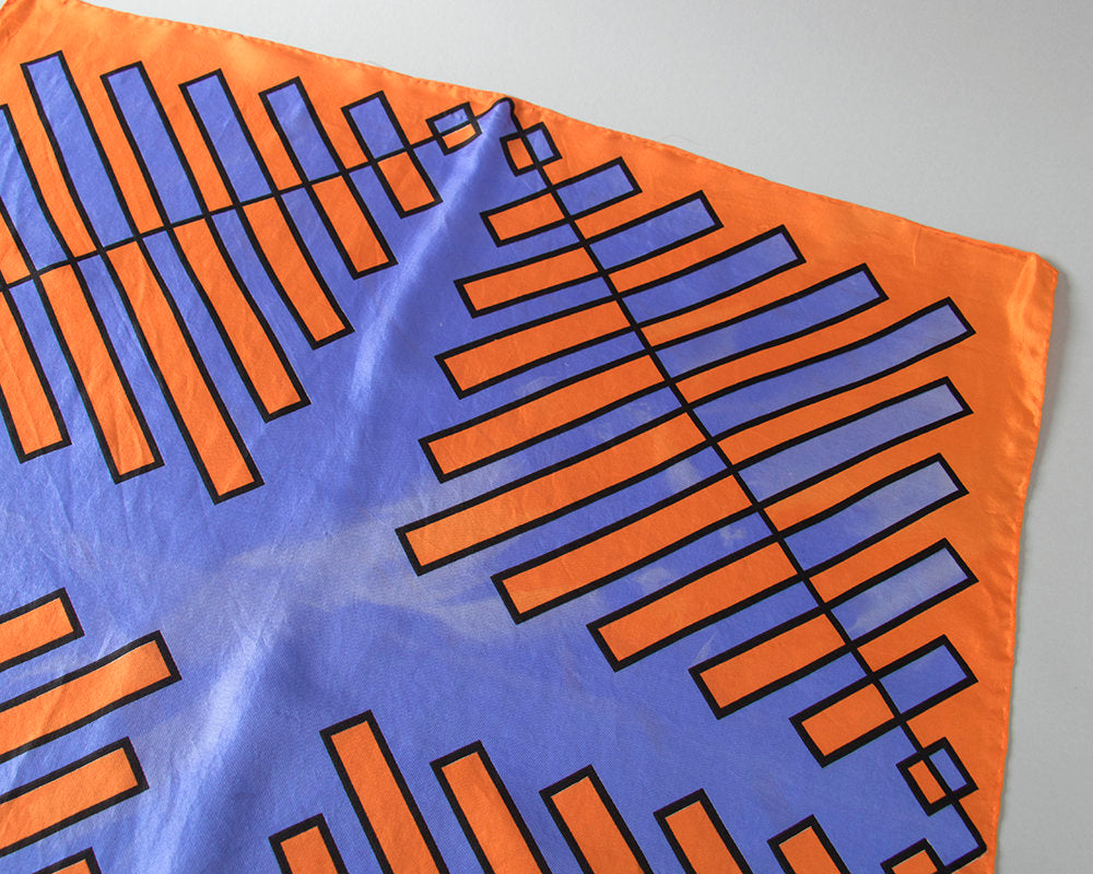 Vintage 1960s Scarf | 60s SCHIAPARELLI Silk Geometric Printed Orange Purple Large Square Op Art Scarf Designer Signed