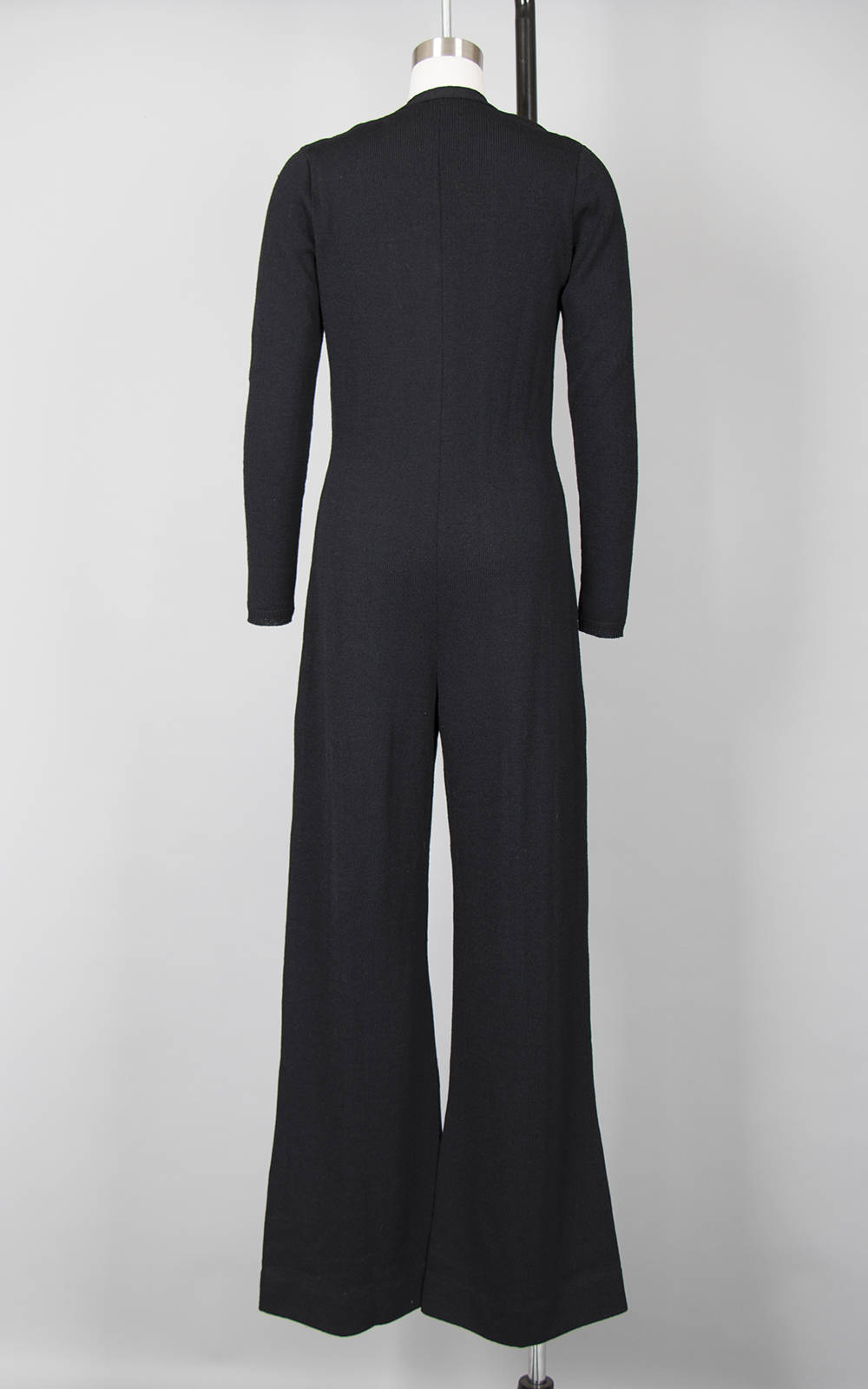 Vintage 1970s Jumpsuit | 70s Knit Black Wool Long Sleeve Button Up Wide Leg Jumpsuit (medium)