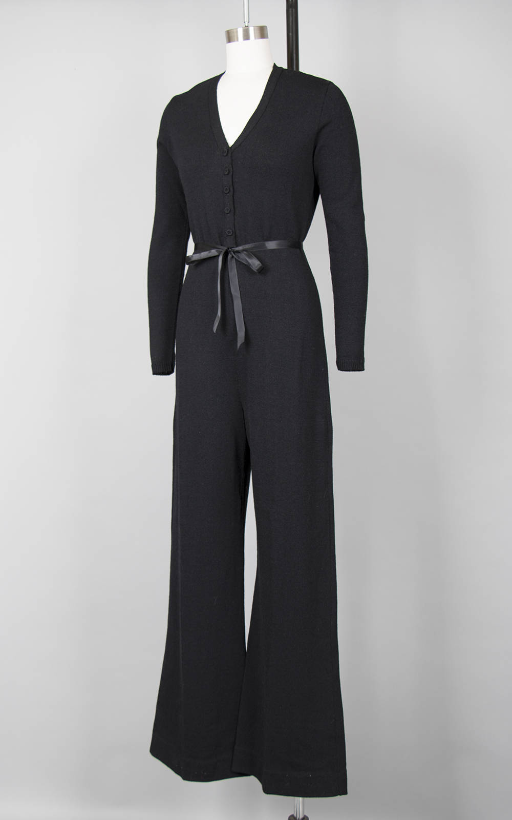 Vintage 1970s Jumpsuit | 70s Knit Black Wool Long Sleeve Button Up Wide Leg Jumpsuit (medium)