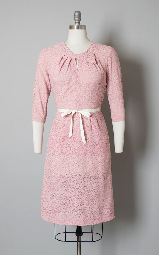 Vintage 1940s Dress | 40s Pink Sheer Floral Rayon Net Wiggle Dress (medium)
