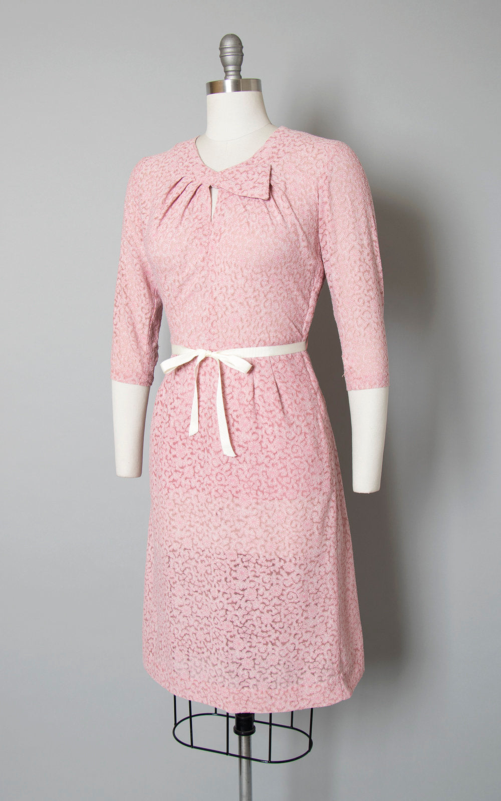 Vintage 1940s Dress | 40s Pink Sheer Floral Rayon Net Wiggle Dress (medium)